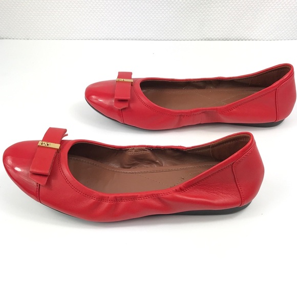 COLE HAAN Red Leather Ballet Flats Slippers w/Patent Cap Toe & Bow Womens 11B - Picture 5 of 9